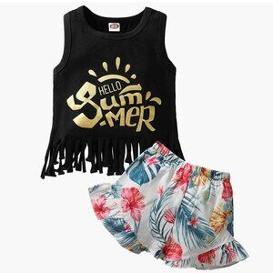 Royal Tots Summer Floral Shorts Black Tank w/Fringe Set - size 80 (12 - 24 mon)